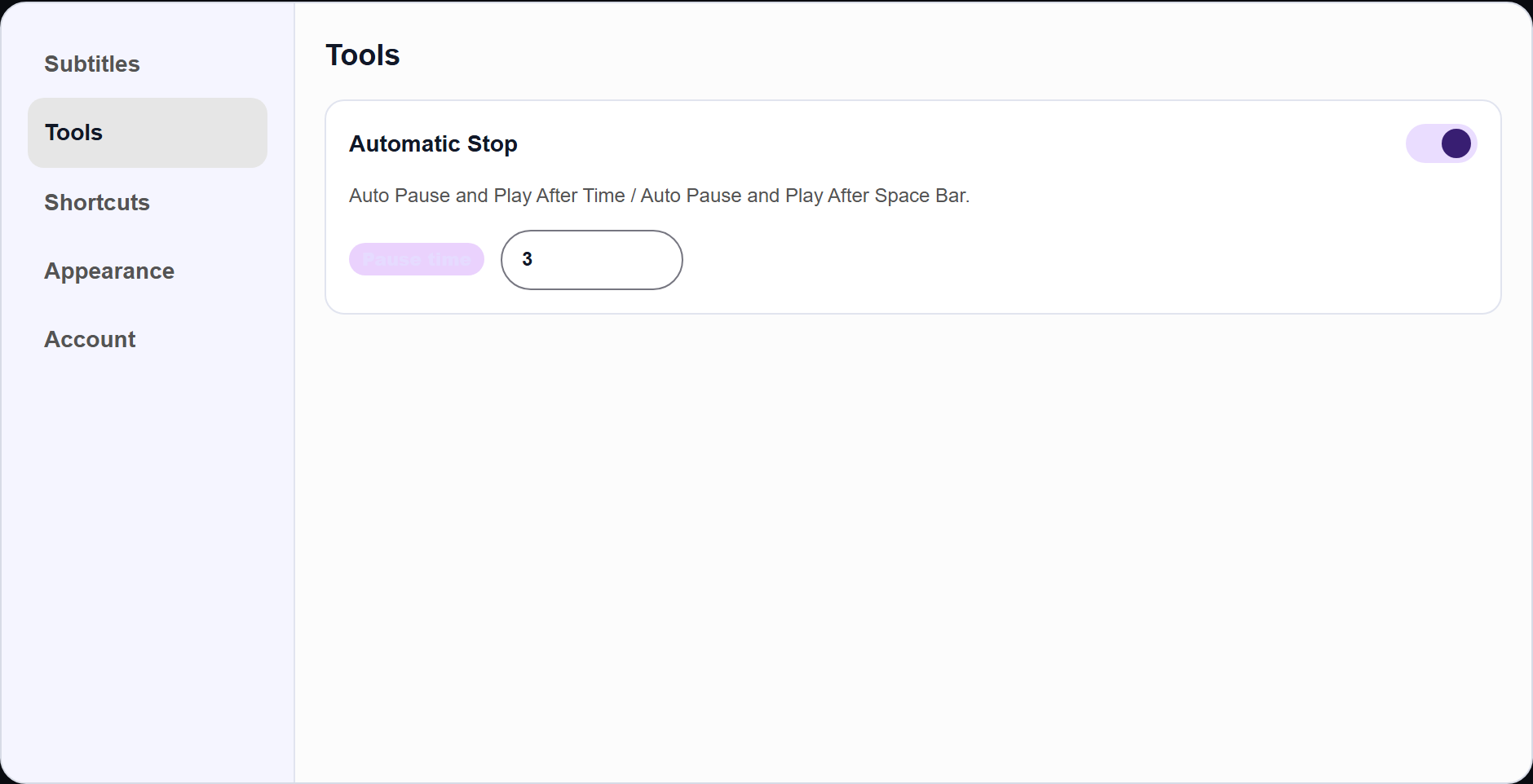FunFluen tools settings showing Automatic Stop with a switch and pause-time controls for line-by-line practice.