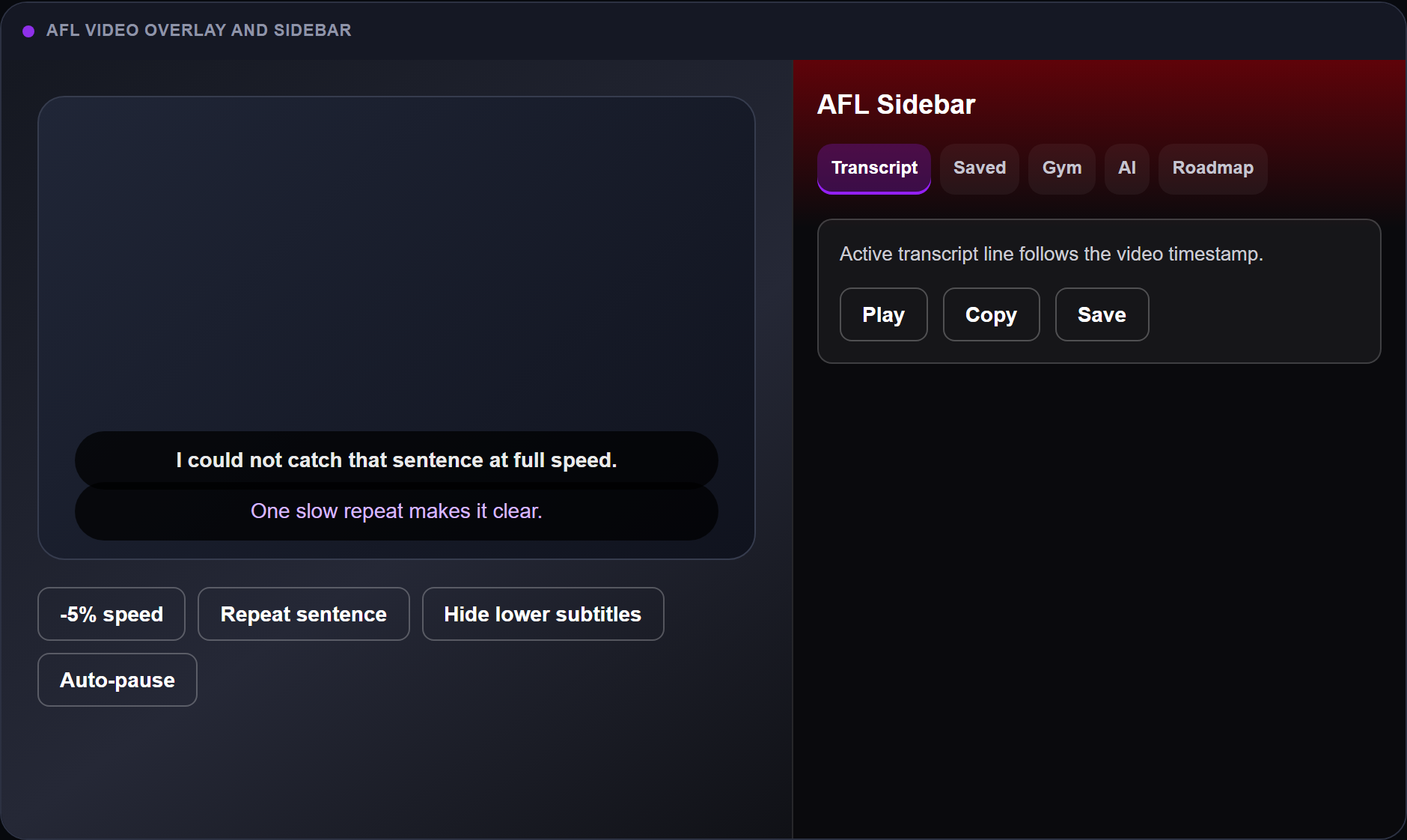 FunFluen dual subtitles with the target language on top and support subtitles below beside the sidebar workspace.