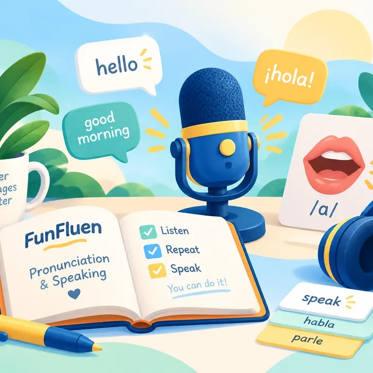 English pronunciation and speaking practice with a microphone, speech bubbles, mouth position, headphones, and listen-repeat-speak steps
