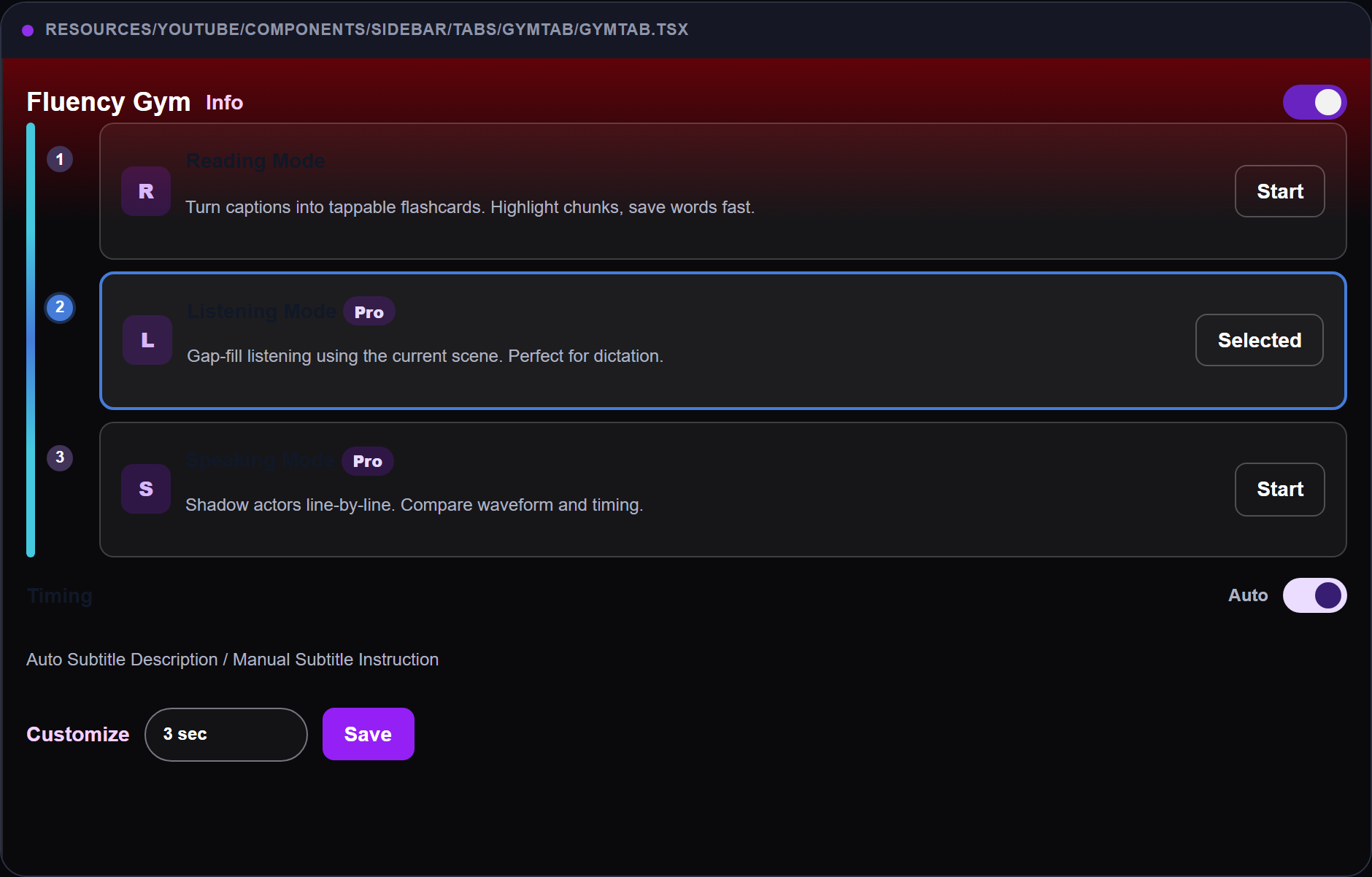 FunFluen Fluency Gym Listening Mode selected for listen-first subtitle practice.