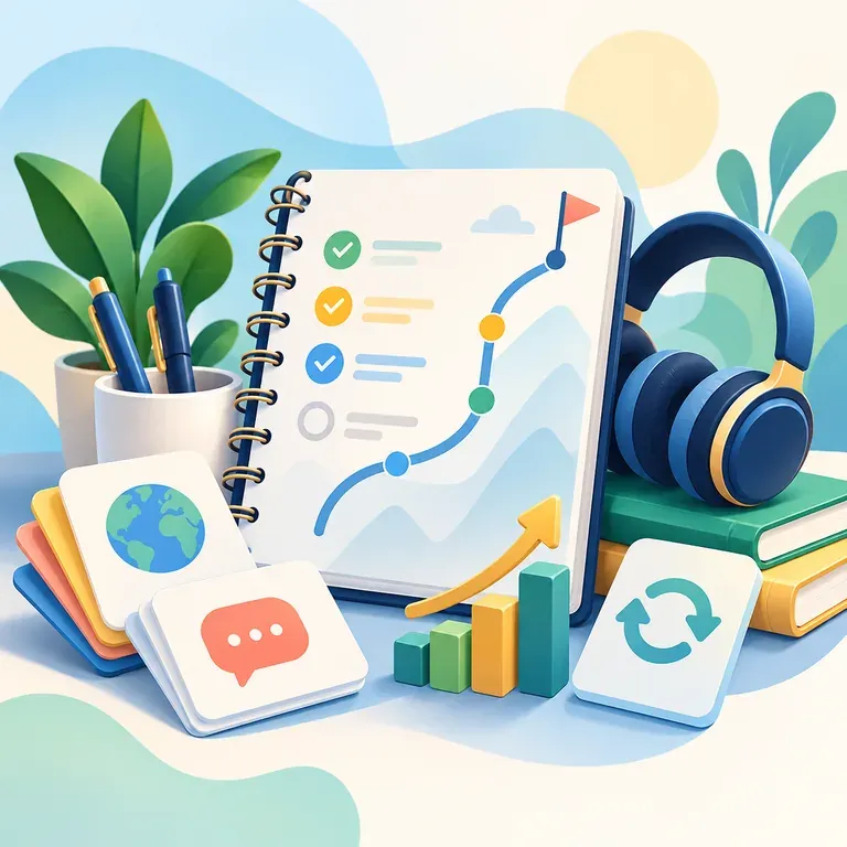 Language learning roadmap with a progress checklist, headphones, books, conversation cards, globe, and progress chart