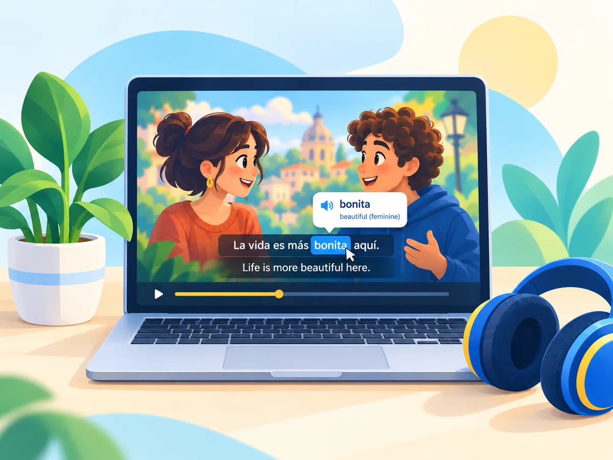 Learn English with subtitles on a video scene, showing bilingual captions, an instant vocabulary definition, and headphones