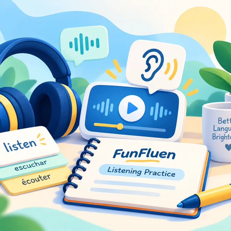 English listening comprehension practice with headphones, an audio player, sound waves, multilingual listening cards, and a study notebook