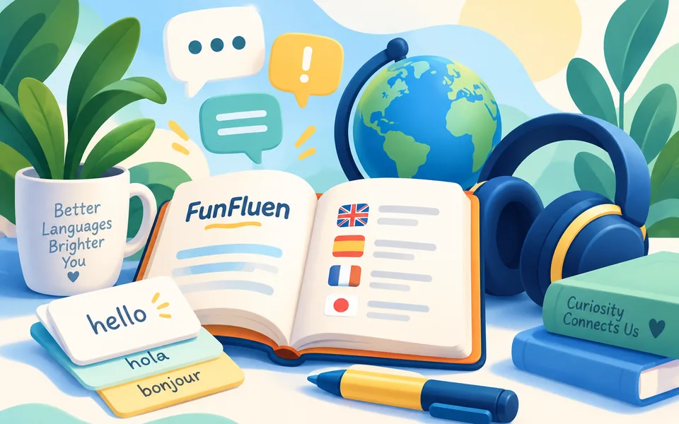General language learning guide with a multilingual study book, globe, headphones, conversation cards, vocabulary notes, and pen