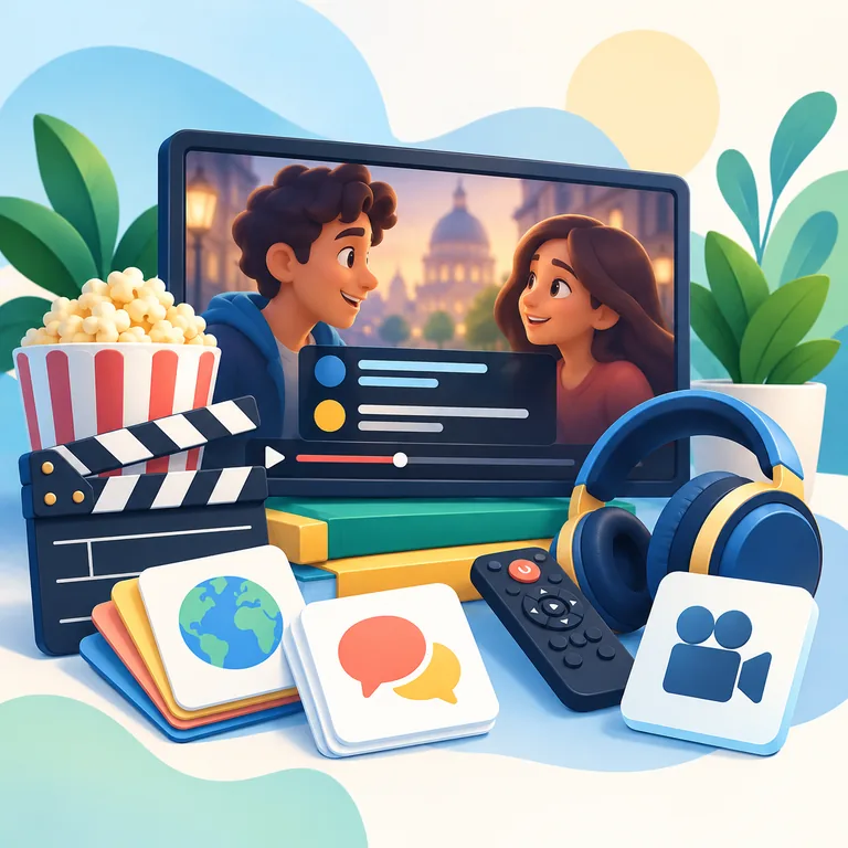 Language learning with movies and streaming, shown with a subtitled film, clapperboard, headphones, remote, popcorn, and conversation cards