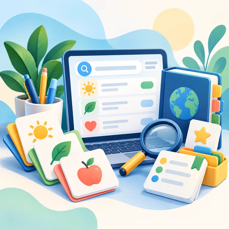 Language learning tools and extensions, shown with a laptop search interface, study cards, magnifying glass, and vocabulary book