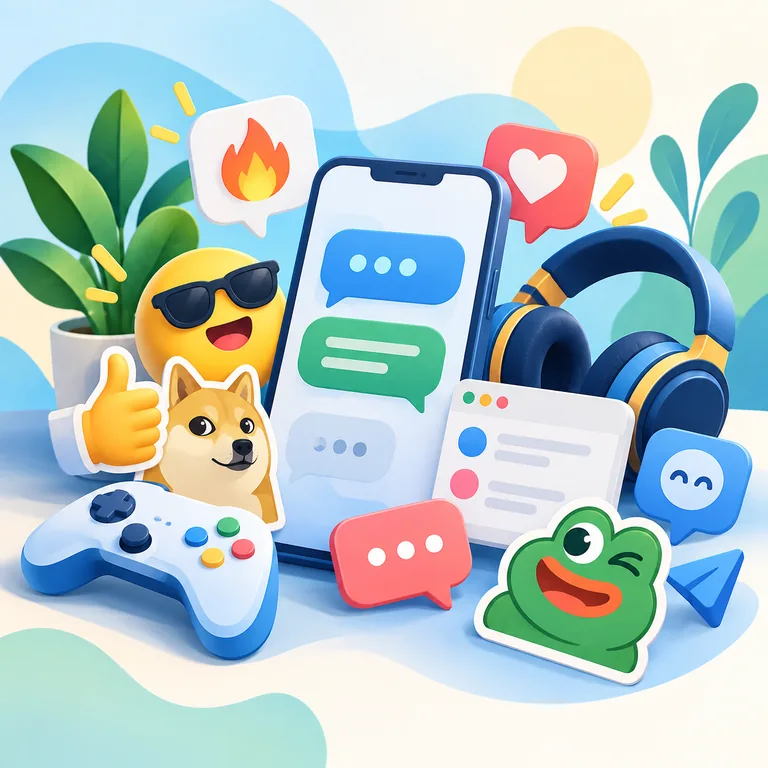 Language slang, memes, and online culture with chat messages, social reactions, headphones, gaming, and language app icons