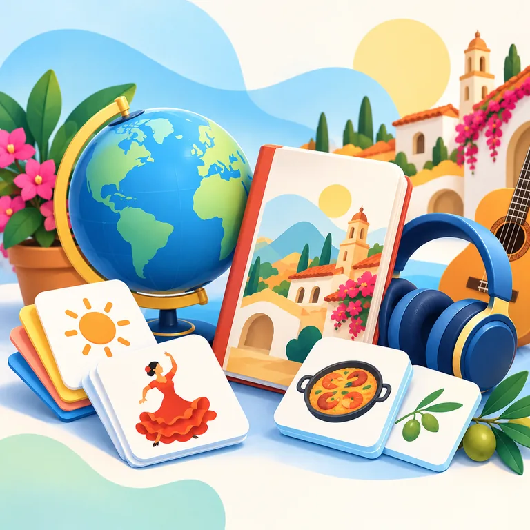 Spanish and Romance language learning with a globe, Spanish architecture, guitar, flamenco dancer, food, and olive branch